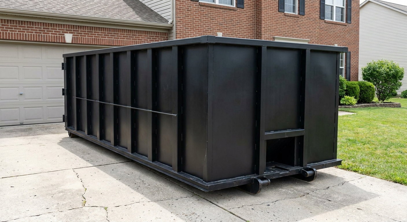 Matte-black 20-yard roll-off container on a Los Angeles residential concrete driveway with reinforced ribbed steel sidewalls and a hinged rear walk-in door, clean bright daylight.