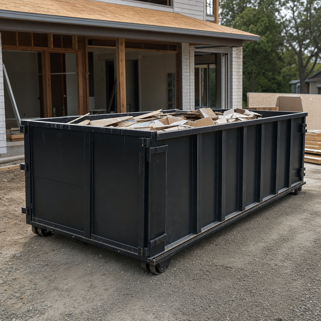 Large matte-black 30-yard construction roll-off dumpster at an active Los Angeles jobsite, steel-gray top rails and bottom rollers visible, loaded with construction debris.
