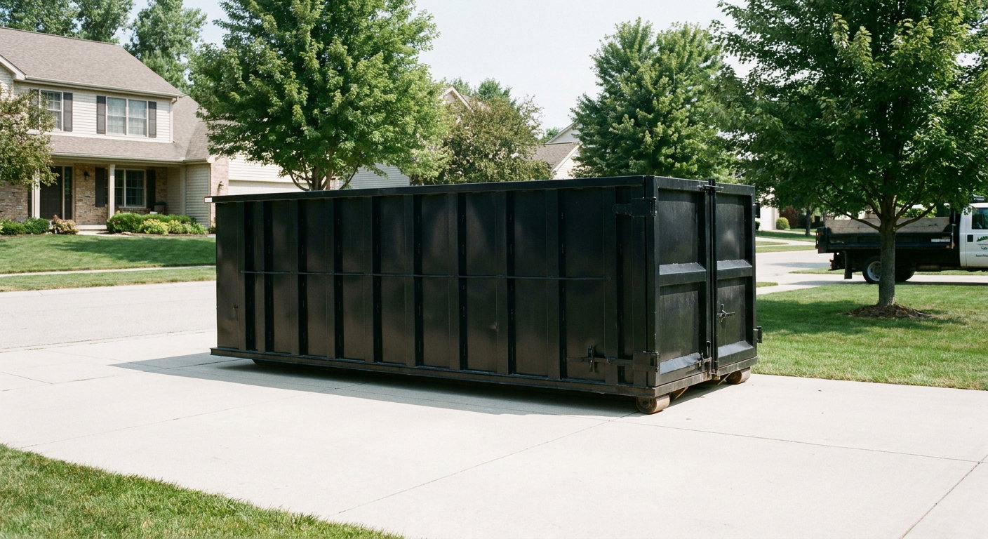 Matte-black 20-yard roll-off dumpster sitting level on a clean Los Angeles residential concrete driveway under bright daylight, demonstrating clean placement directly on the concrete.