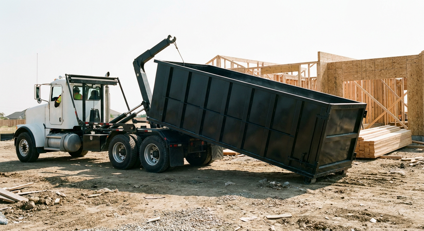Matte-black roll-off dumpster being delivered onto a clean residential concrete driveway in Los Angeles by an unmarked white hooklift hauler truck, bright morning daylight, documentary 35mm perspective.